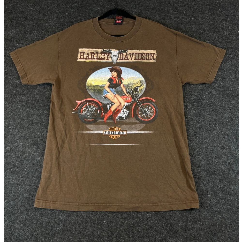 Harley Davidson T Shirt Mens Large Brown Pinup Cowgirl Motorcycle Graphic Tee